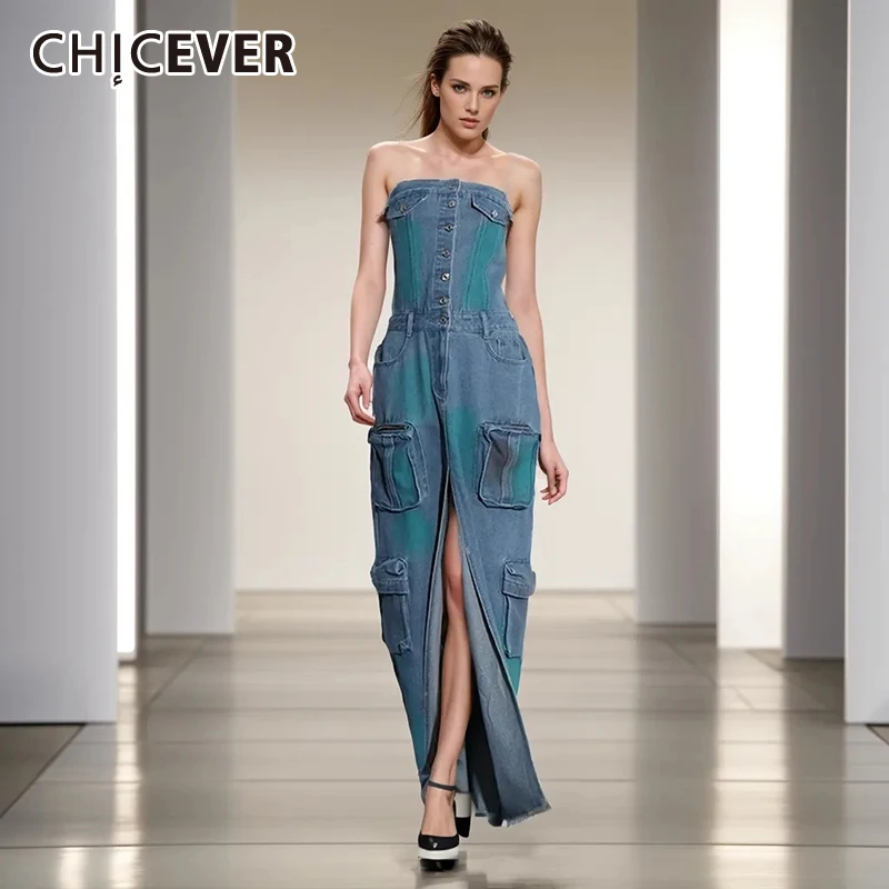 

CHICEVER High Street Tie Dye Denim Dresses For Women Strapless Sleeveless High Waist Patchwork Pockets Split Long Dress Female