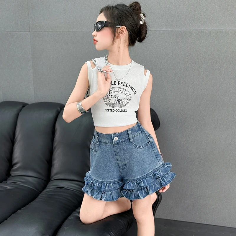 2025 New Summer Kids Denim Shorts with Ruffles for Teenage Girl High Fashion Streetwear Bottoms Child Casual Mini Jeans Shorts