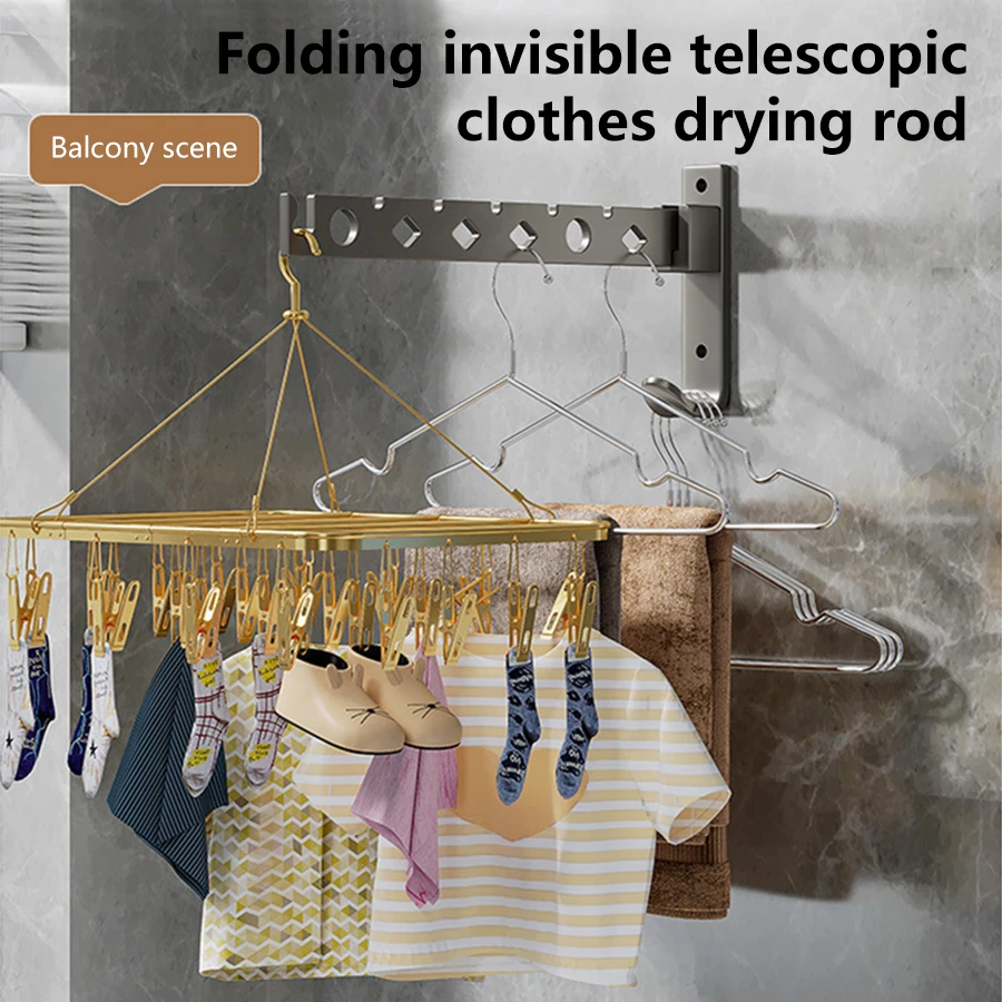 Aluminum Alloy Folding Drying Rack with Hooks Wall Mount Space-Saving Clothes Hanger for Balcony Laundry Room Bathroom Metal