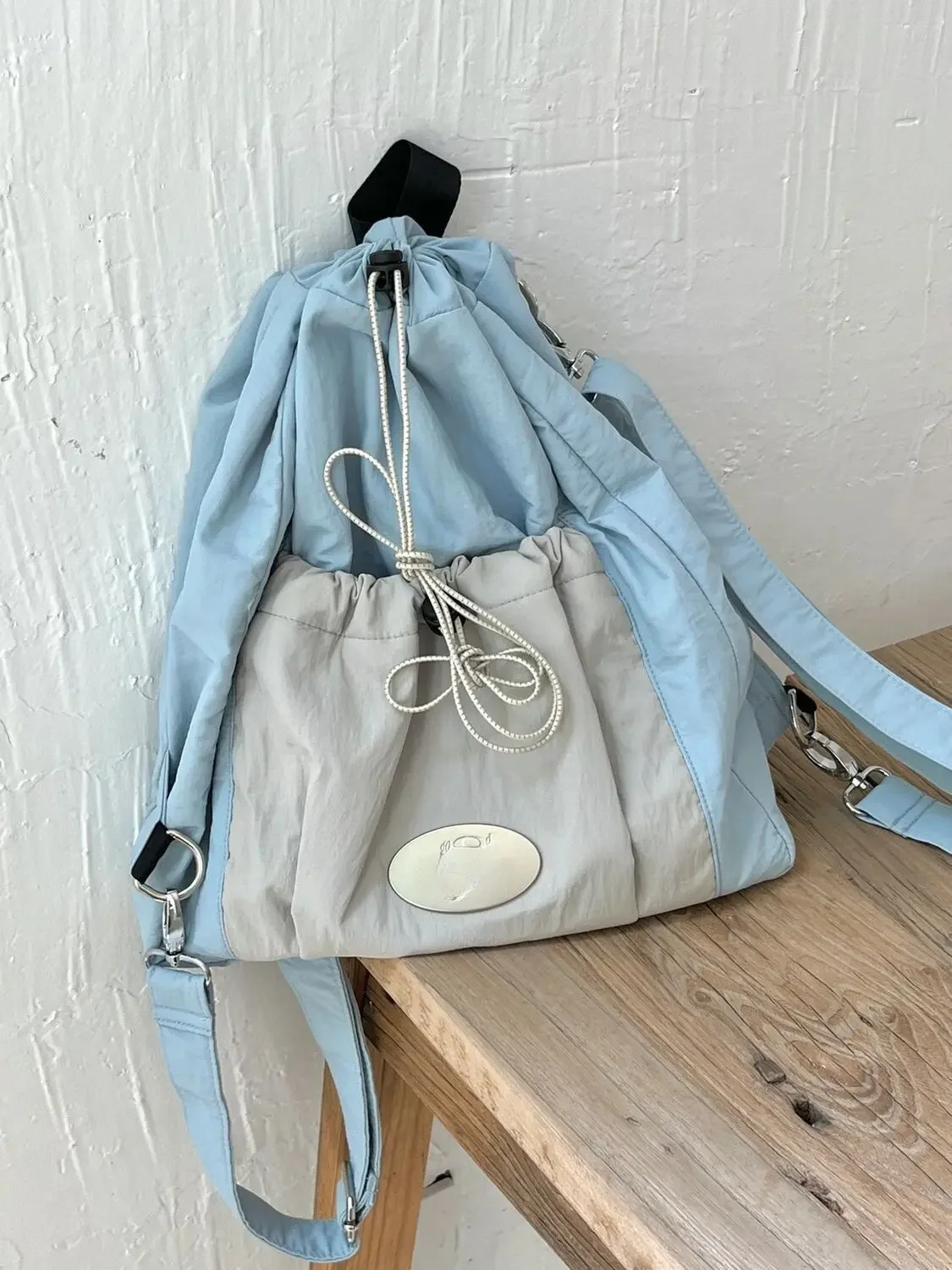 Miyagawa Blue Gray Drawstring Backpack for Women 2023 New College Students Backpack Large Capacity Oblique Straddle Backpack