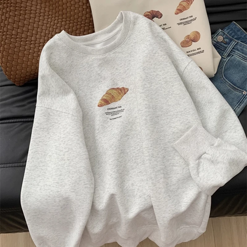 American Cute Cartoon Bread Letter Print Sweatshirt Pure Cotton Hoodie Tops Women Loose Streetwear Casual Autumn Winter Clothes