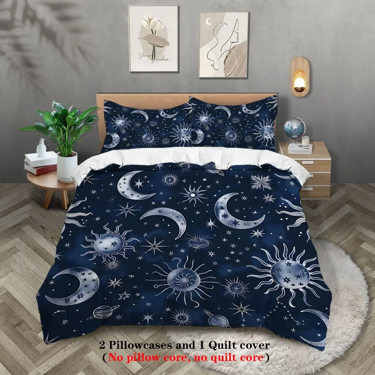 

3pcs Sun and moon pattern fashionable printed bedding set, 1 duvet cover+2 pillowcases, suitable for girls and women bedroom