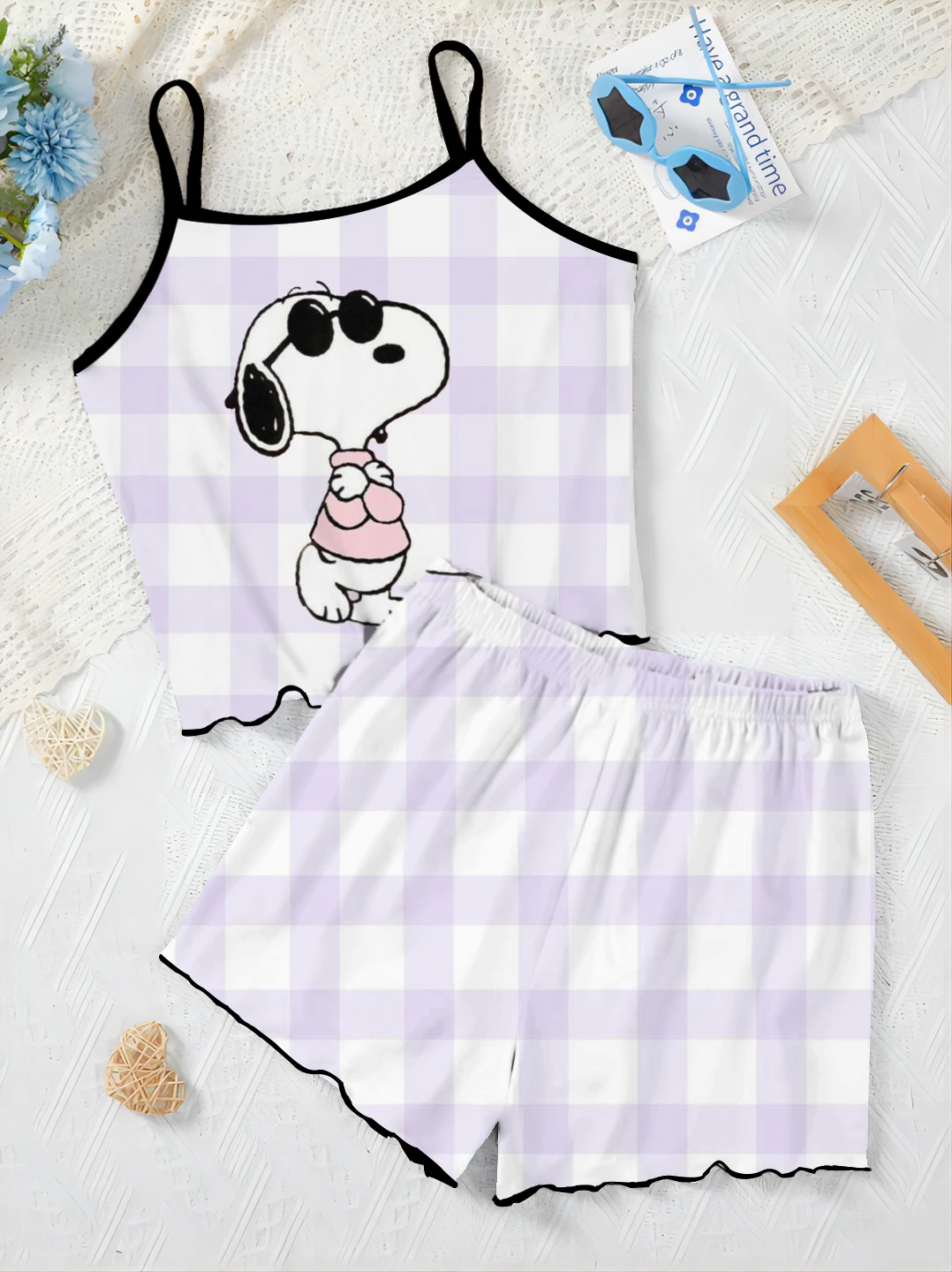 Conjunto de pijama de camisola con estampado de Snoopy para mujer, ropa interior sexy para el hogar, chaleco, pantalones cortos, dos piezas, Verano