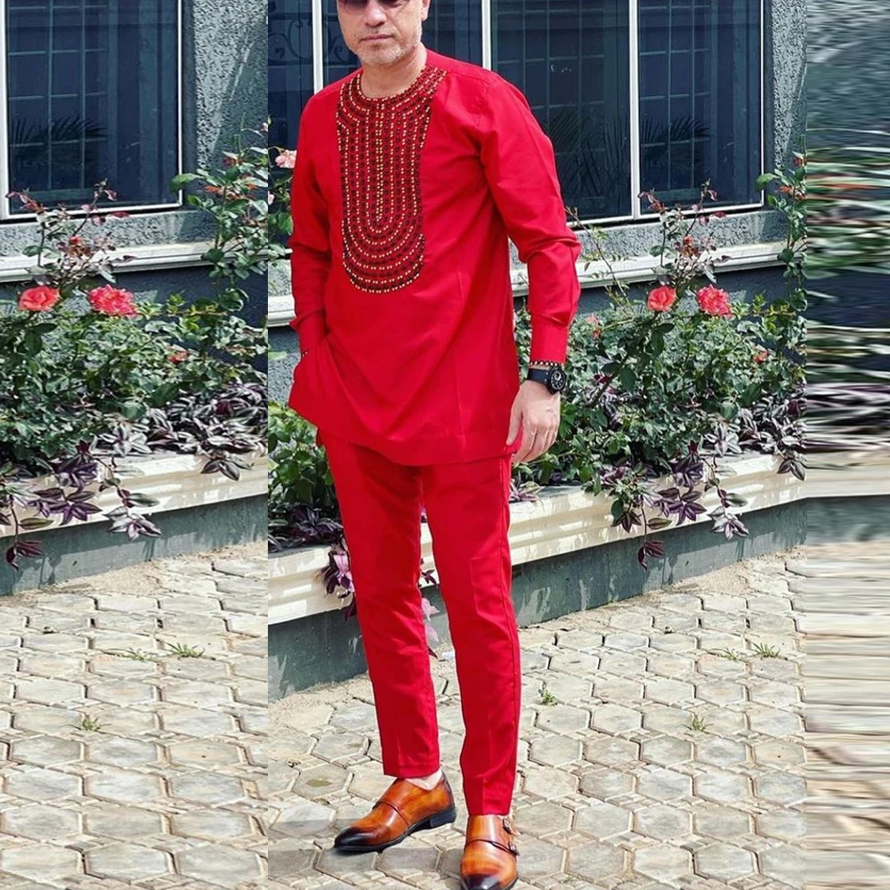 New Kaunda Boutique Men\'s Set Fashionable Red Luxury Grand Round Neck Embroidery Slim Fit Two Piece Wedding Festival Set