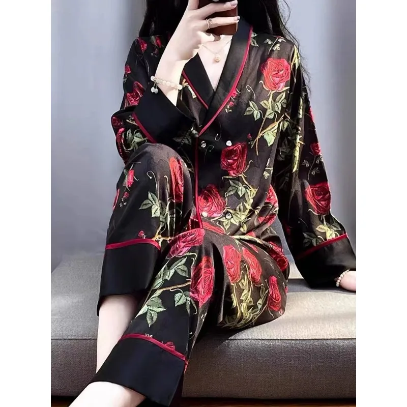 Sense of advanced Light luxury Pajamas female Spring and autumn sweet Ice silk loungewear New style Shawl collar temperament