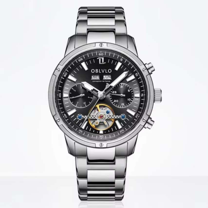 OBLVLO Men Automatic Watch 42mm Mechanical Wristwatch 50M Waterproof Luminous Multi-Dial Month Week Date Relogio