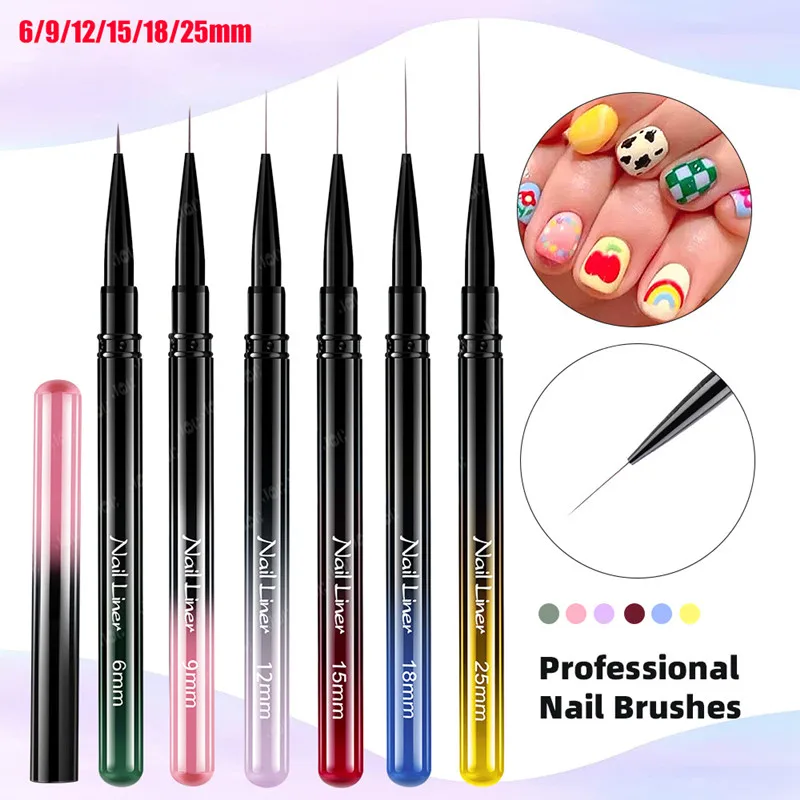6/9/12/15/18/25mm カラーグラデーションメタルハンドルアートライナーDIYペイントブラシ 描画ラインストライプフラワーペイントペンUVジェルブラシ