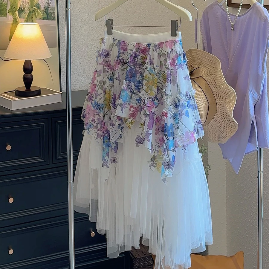 Frauen Sommer Mesh Lange Röcke Hohe Taille Blume Drucken Patchwork Boho Rock Unregelmäßigen Saum Röcke Faldas Femme Streetwear