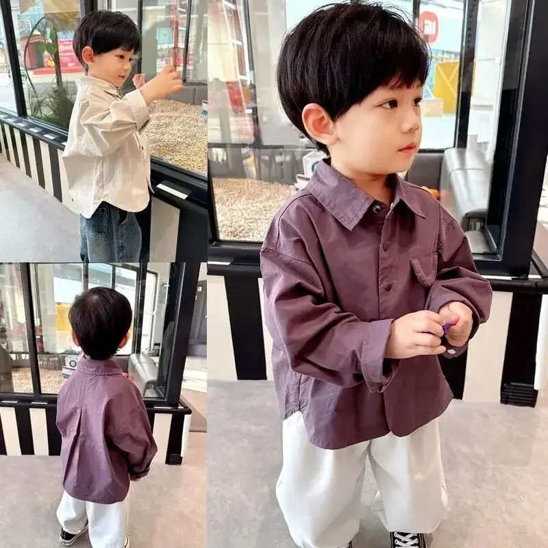 

Spring and Autumn Children's Cotton Shirt Fashion New Style Boys' Long Sleeve Solid Color Shirt Coat Kids Clothing