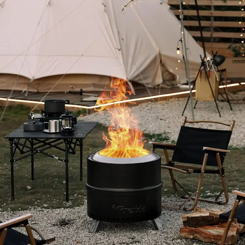 19 Inch Portable Outdoor Wood Burning Steel Camping Stove with Stand, Removable Ash Pan, Waterproof Storage, Nested Design