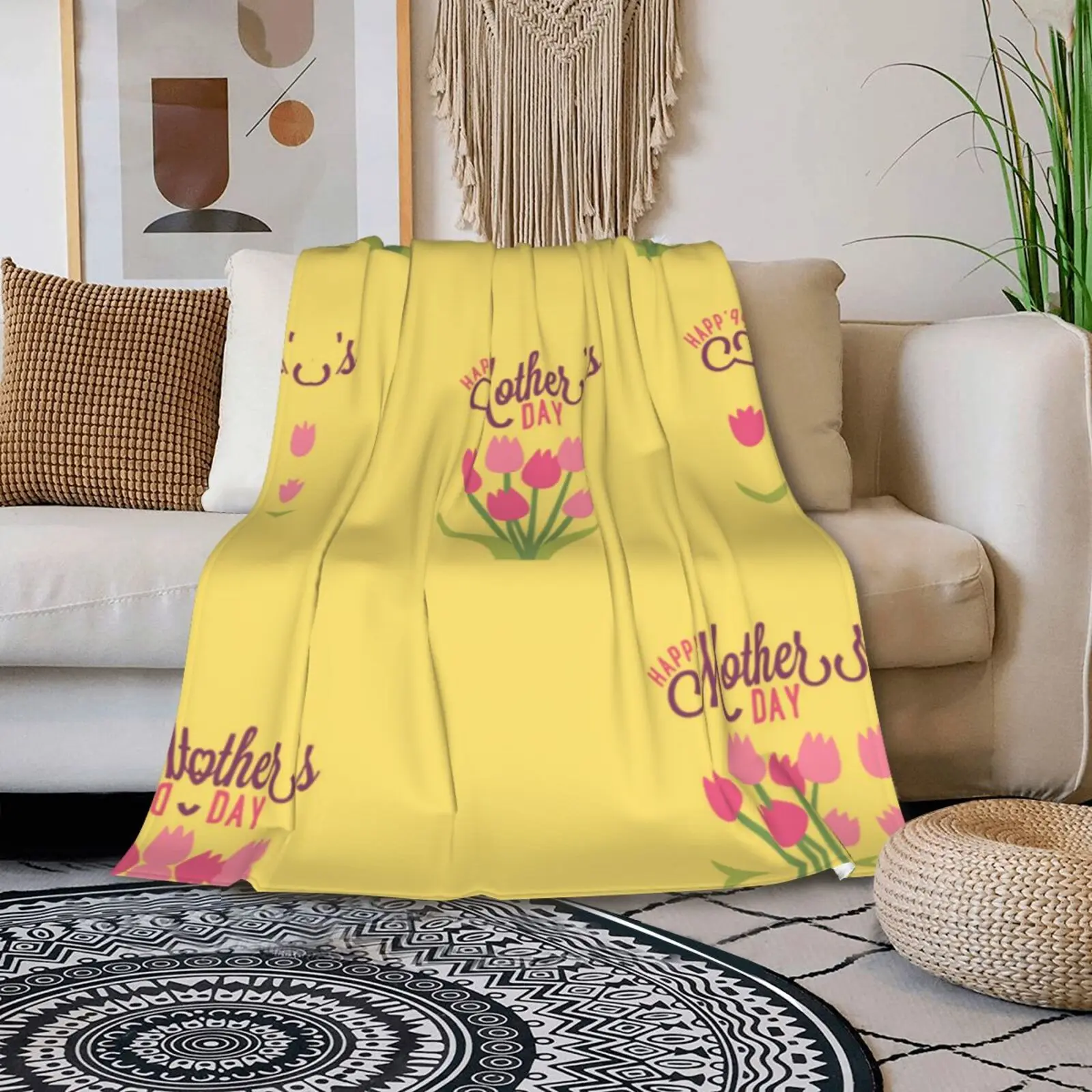 Tulips Mothers Day Flannel Throw Blanket Home Holiday Couch Bed Single Side Printed 80x60 Inch Portable Travel Light Yellow