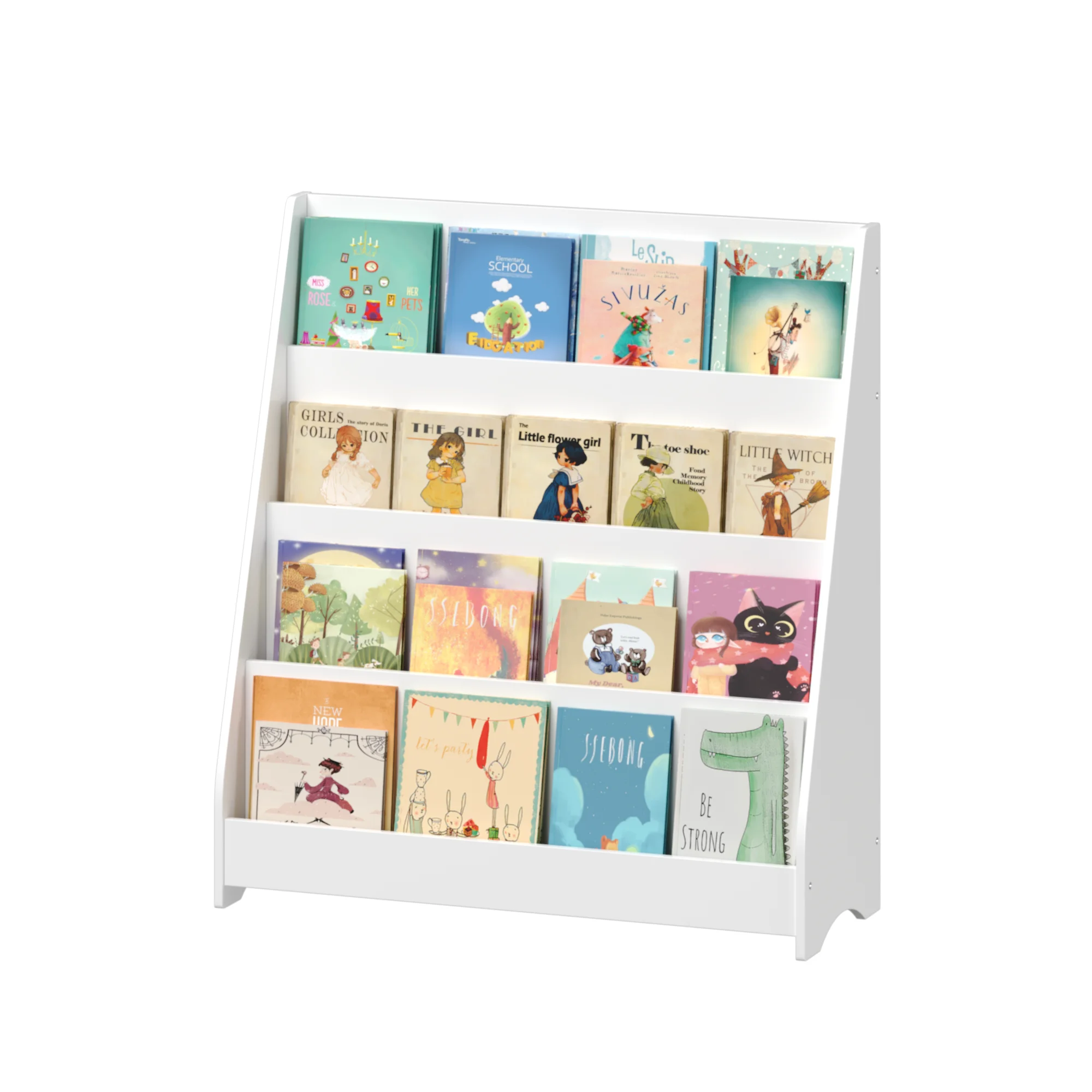 4-Tier Kids Bookshelf Toddler Book Display Shelf White MDF Organizer for Bedroom Playroom Classroom
