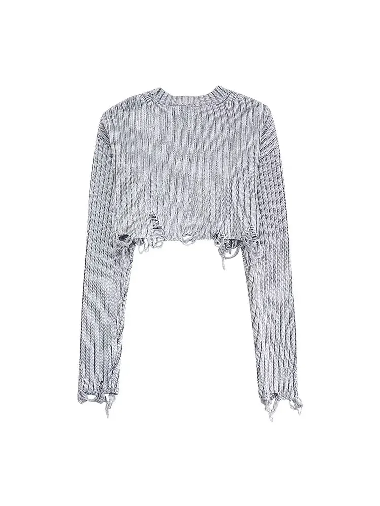 TRAF 2024 Spring Women Short Sweaters Frayed Knitted Jumper Pullovers Long Sleeve Female Crop Top Pull Streetwear Y2K