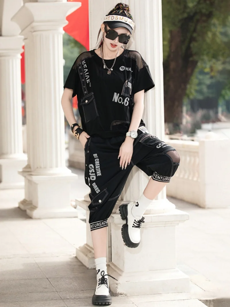 2024 Summer Personalized Casual Pant Set Women Black White Round Neck T-shirt + Harem Pants Trouser Two Piece Set LX990