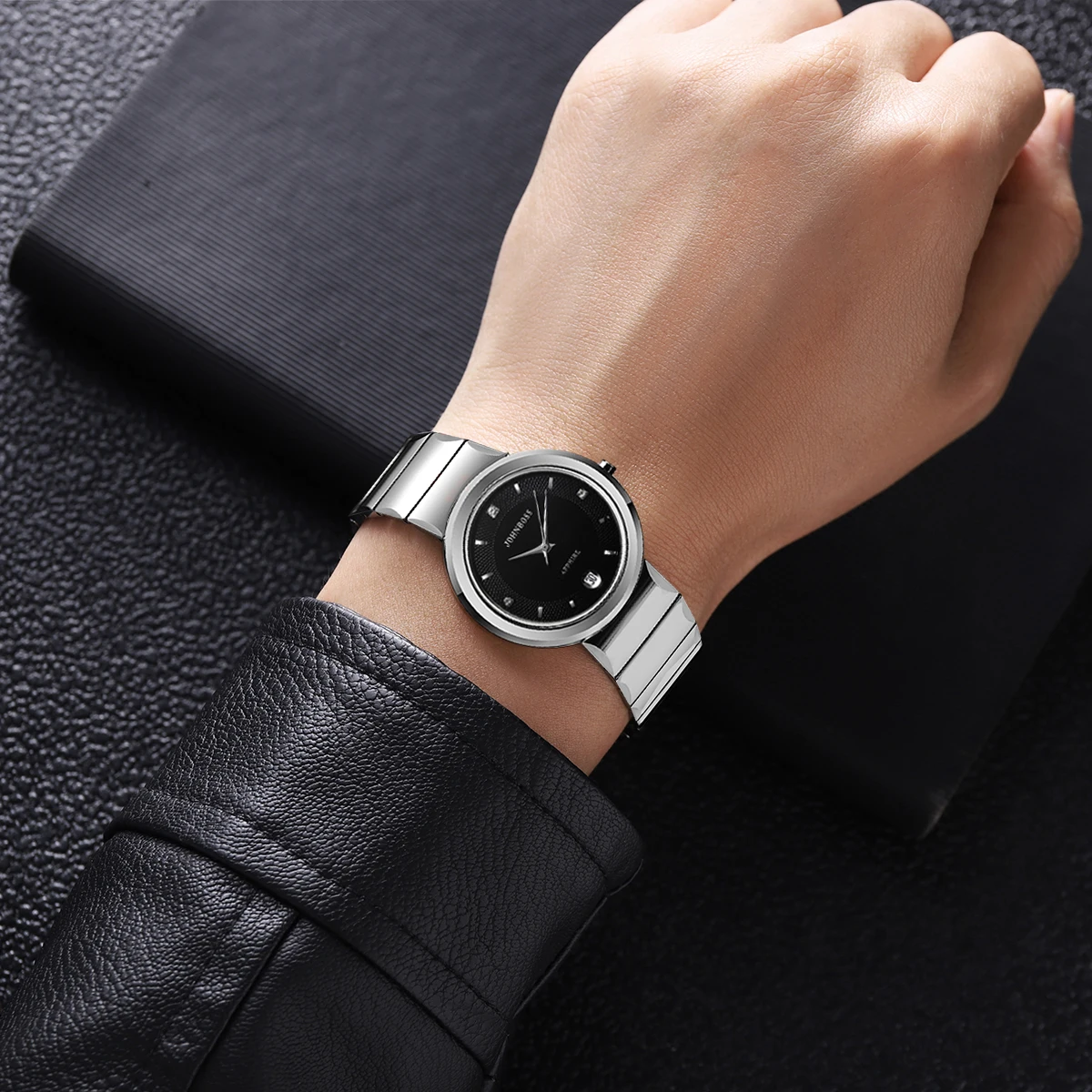 JS круглые водонепроницаемые часы из вольфрамовой стали с датой, мужские часы со швейцарским кварцевым механизмом и сапфировым стеклом, деловые часы