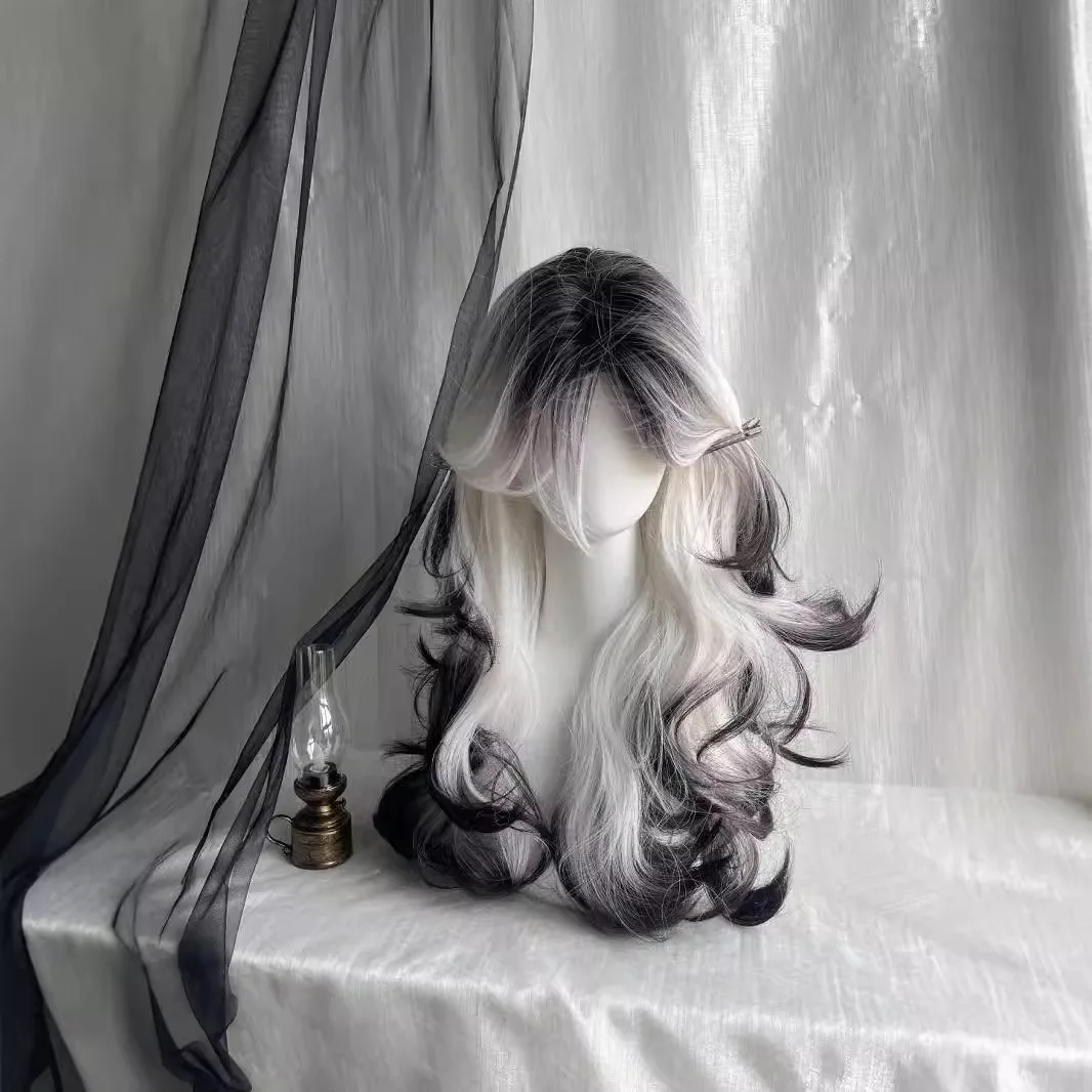 Synthetic Long Wavy Ombre Black White High Layers Middle Part Cosplay Costume Party Daily Wear Women Full Wig