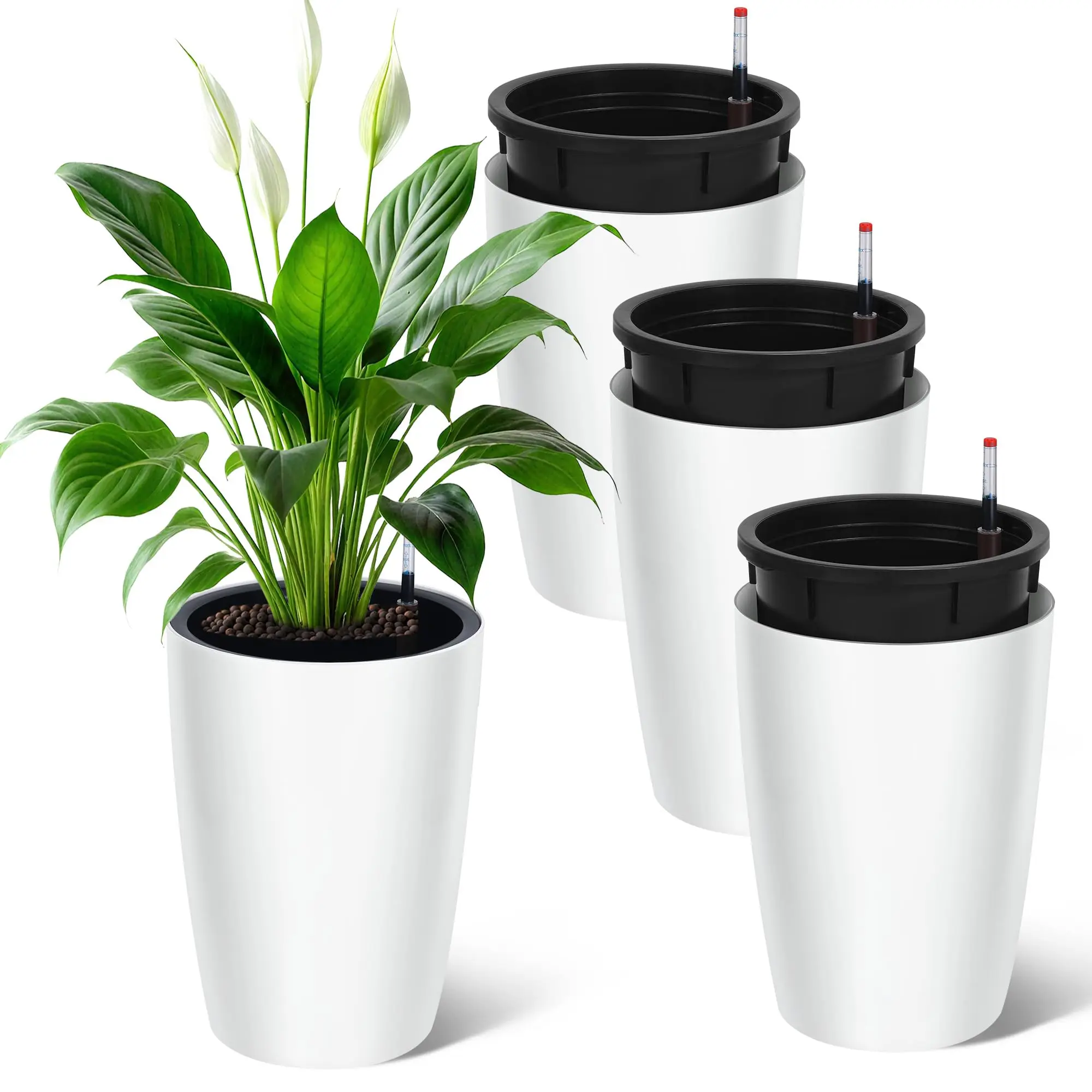 Set of 4 Tall 16 Inch Self-Watering Flower Pots – Large Black Planters with Drainage & Water Level Gauge – Ideal for Outdoor and Indoor Plants – Perfect for Patio, Porch, Living Room, or Office