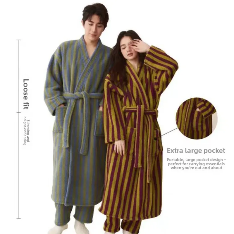 Thickened Flannel Robe Pants Pajamas Set Autumn Winter New Couple Coral Velvet Women Men Bathrobe Striped Lengthed Home Clothes