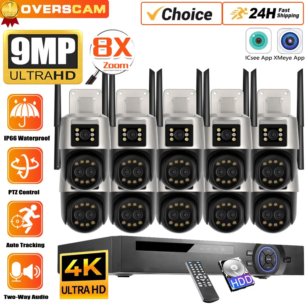 

8X Zoom 9MP CCTV PTZ Camera 3Lens Dual Screen Monitoring Real-time Alert ICSEE Notification WiFi Surveillance 4K 10CH NVR System