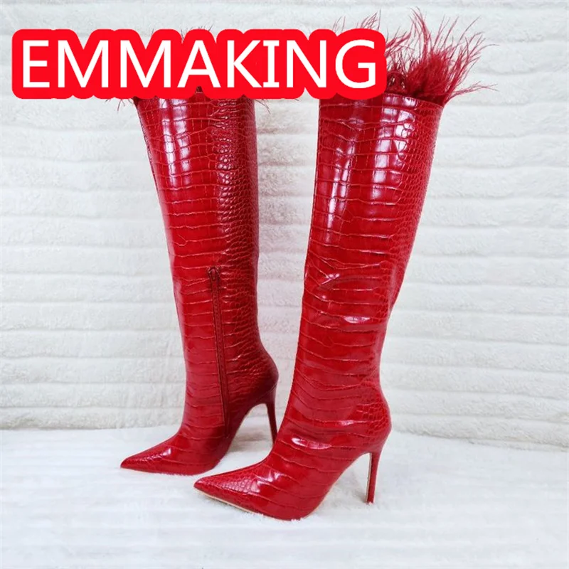 Ostrich Feather Side Zipper Winter Knee High Boots Women 2024 New Fashion Sexy Bottes Femme Ladies Pointed Toe High Heel Shoes