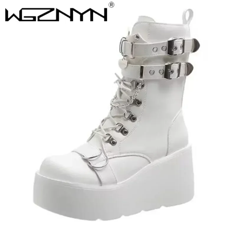 

2025 ботинки в стиле панк на массивной платформе, женские модные ботильоны на танкетке с пряжкой, женские кожаные мотоциклетные ботинки на толстом высоком каблуке, большие размеры