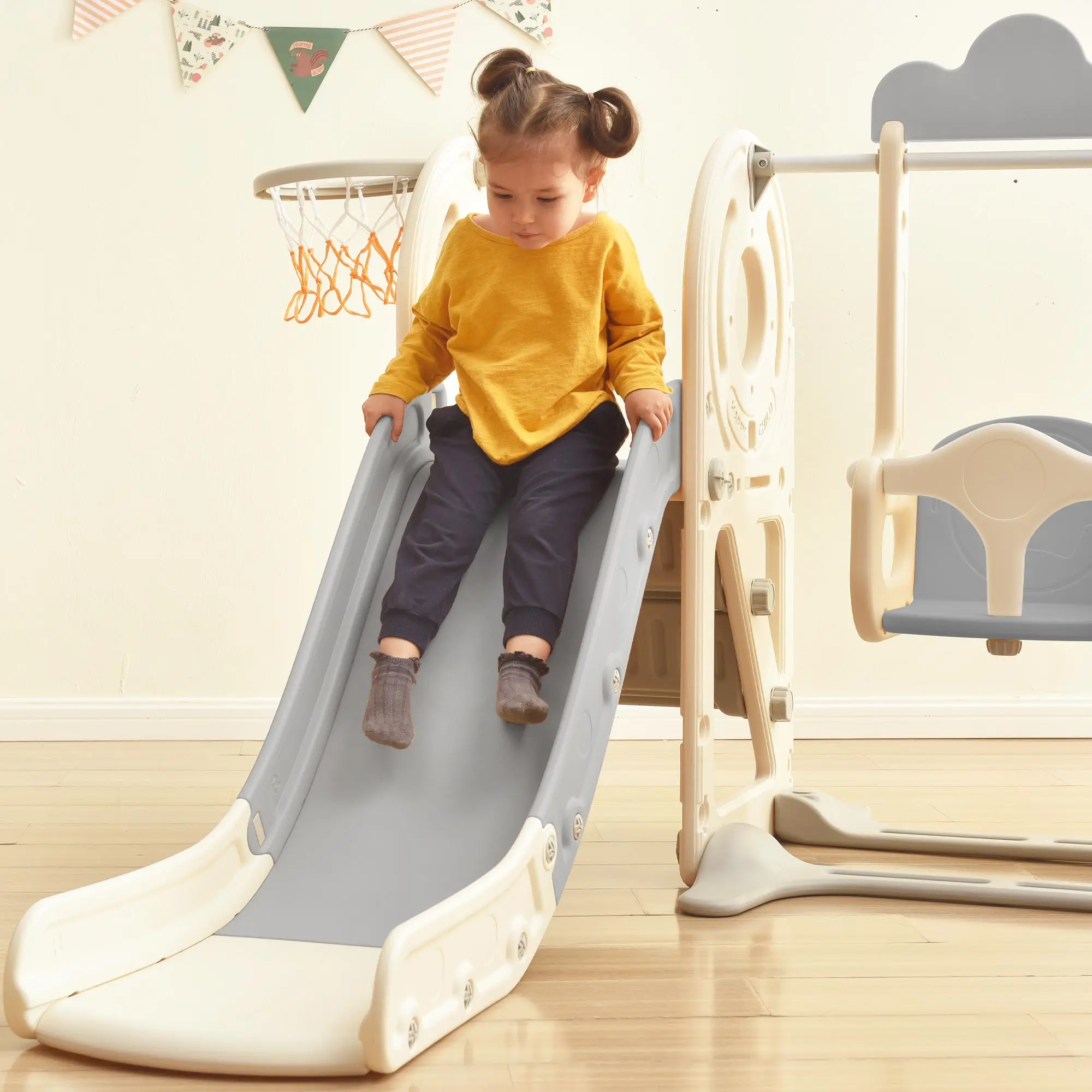 Swing-N-Slide avec structure de jeu pour enfants, jouet de bus autoportant avec toboggan et balançoire pour les tout-petits, ensemble de toboggans de bus avec basket-ball Ho