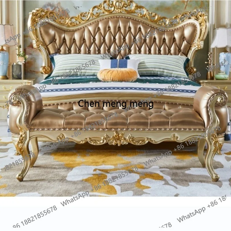 European leather bedside stool, front stool gold luxury solid wood bedroom bedside sofa stool, master bedroom carved