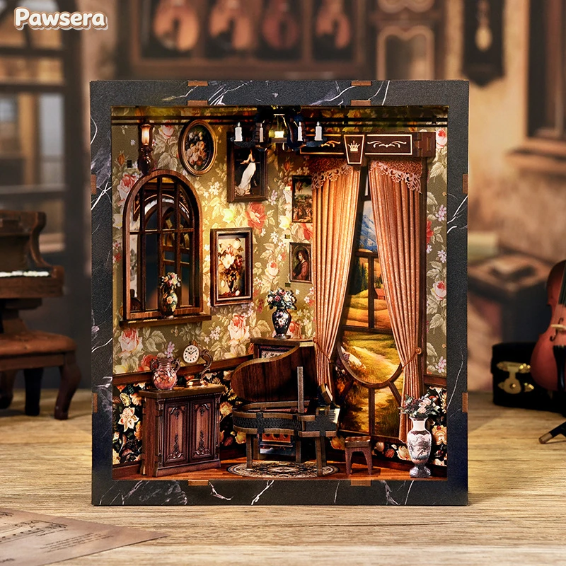 Pawsera Musicallnstrument Box Bookshelf Retro DIY Wooden Book Nook Figurines Miniature Kits Home Bookend Decoration Gifts