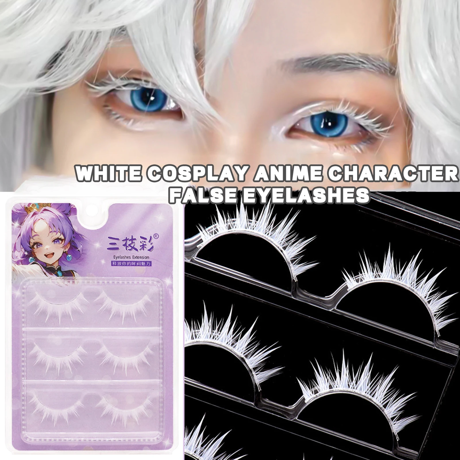 Cosplay Anime White Hair - 3 paires de faux cils longs