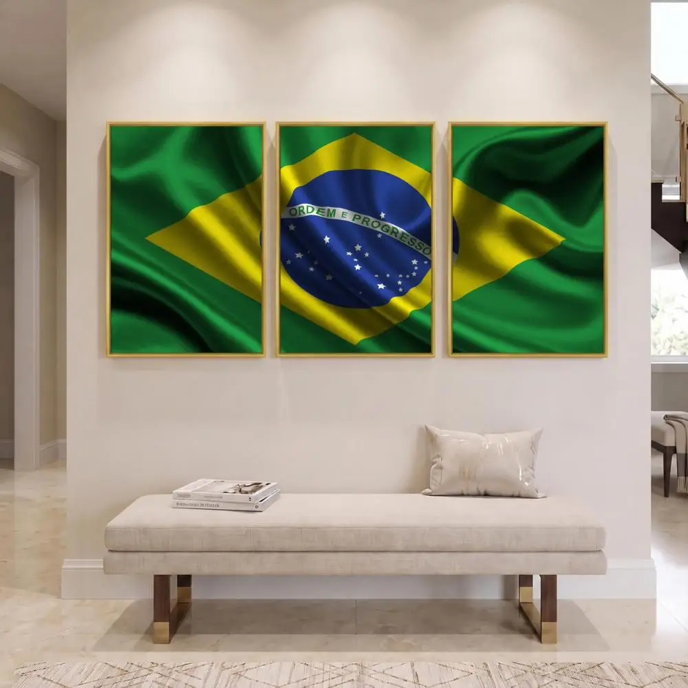Brazil National Flag Painting Calligraphy 3 Piece Canvas Poster Set Wall Art for Living Room Bedroom Office Home Decor Gift