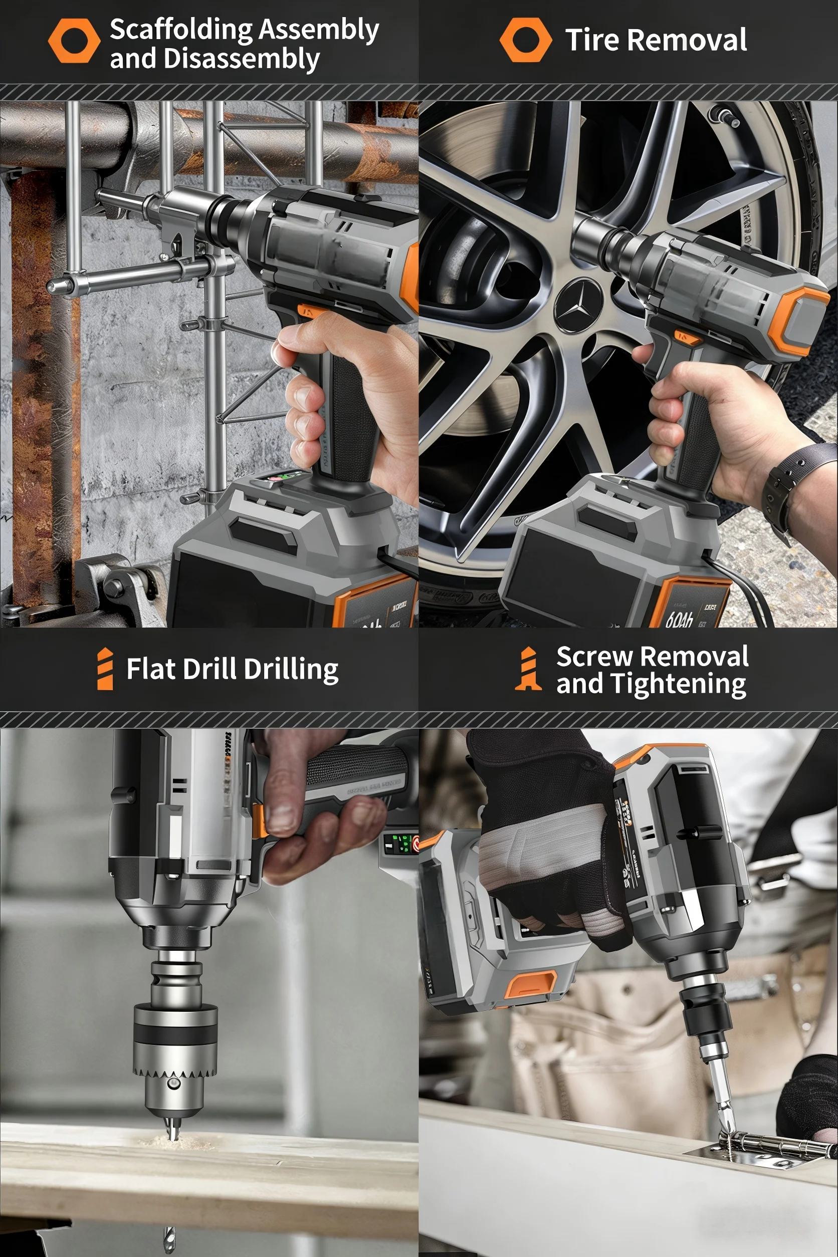 Brushless lithium-ion industrial grade high-power 500W impact wrench, maximum torque 400 Nm, 1/2 inch drive head