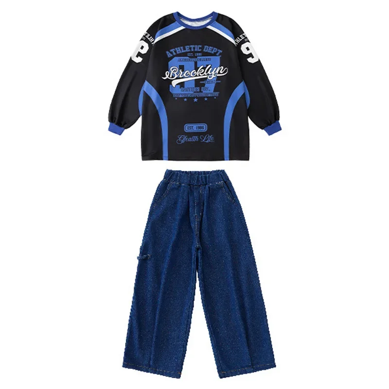 Street Dance Broek Jongens Hip Hop Jeans Kleding Sets Kinderen Jazz Kostuum Meisjes K-pop Blauw-Zwart Contrast Sweatshirt