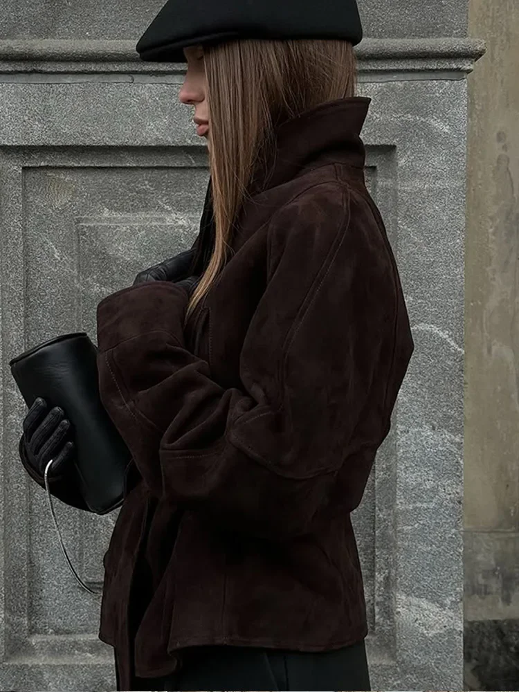 Donkerbruin Suede Oversized Blazer Vrouwen Lange Mouw Brede Schouders Jas 2023 Nieuwe Herfst Highstreet Leisure Chic Lady Outerwears