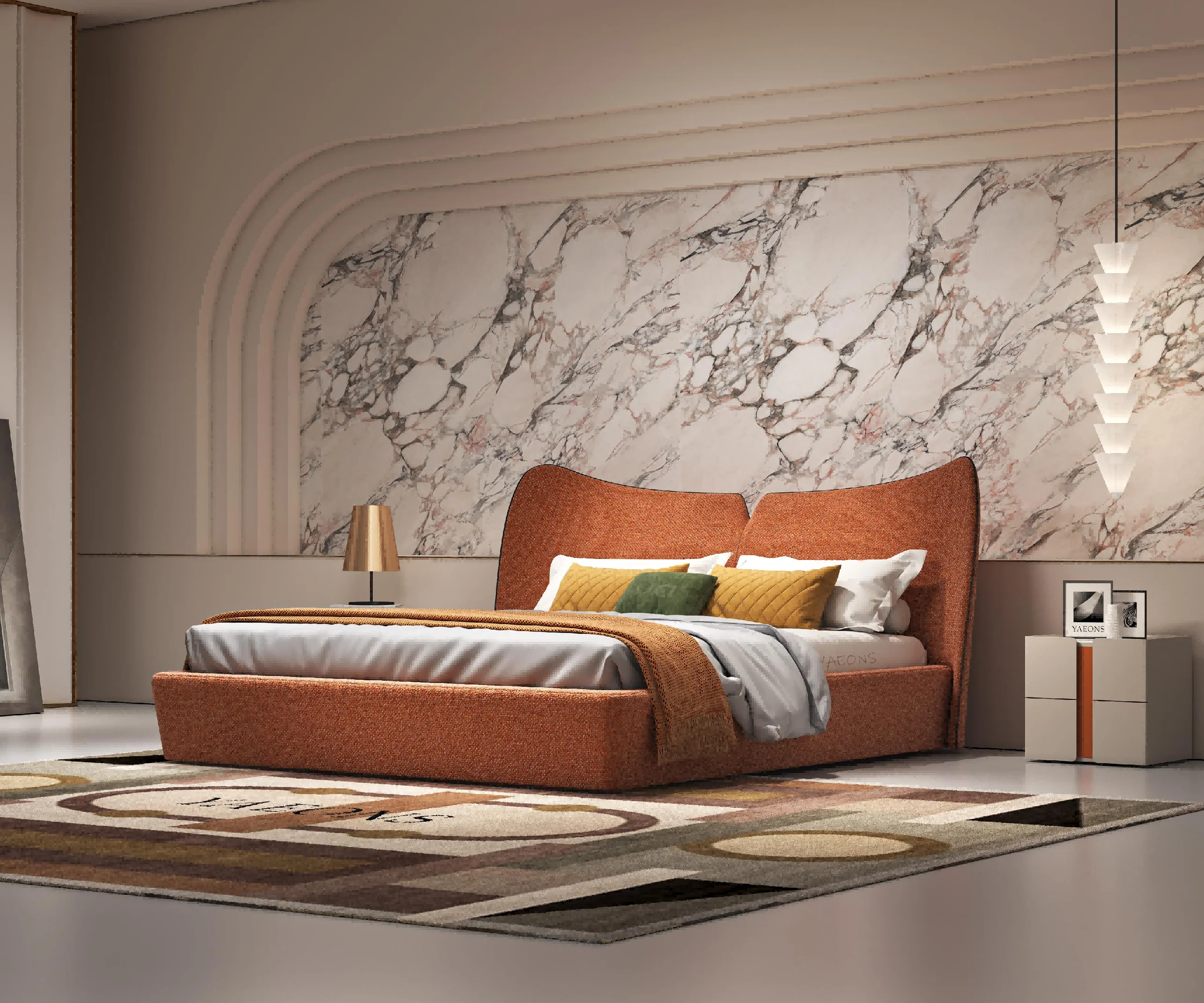 &Designer High-End Minimalist Mermaid Bed with Durable Cotton and Linen Fabric Solid Wood Panel Comfortable Sponge