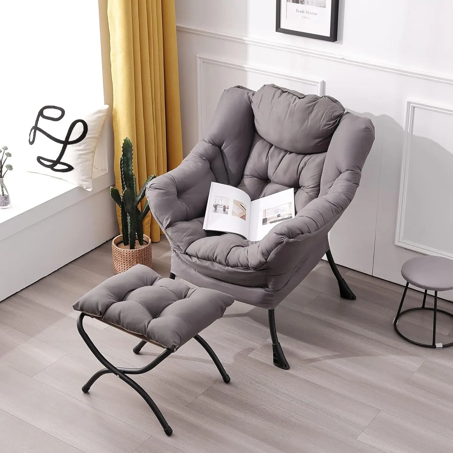 

Lazy Chair with Ottoman, Modern Accent Upholstered Sofa Chair, Contemporary Lounge Reading Chair with Armrests and a Side Pocket