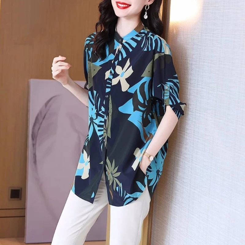 2024 Spring New Round Neck Medium Long Style Elegant Printed Mid Sleeved Shirt Women\'s Loose Large Beach Holiday Small Shirt Top