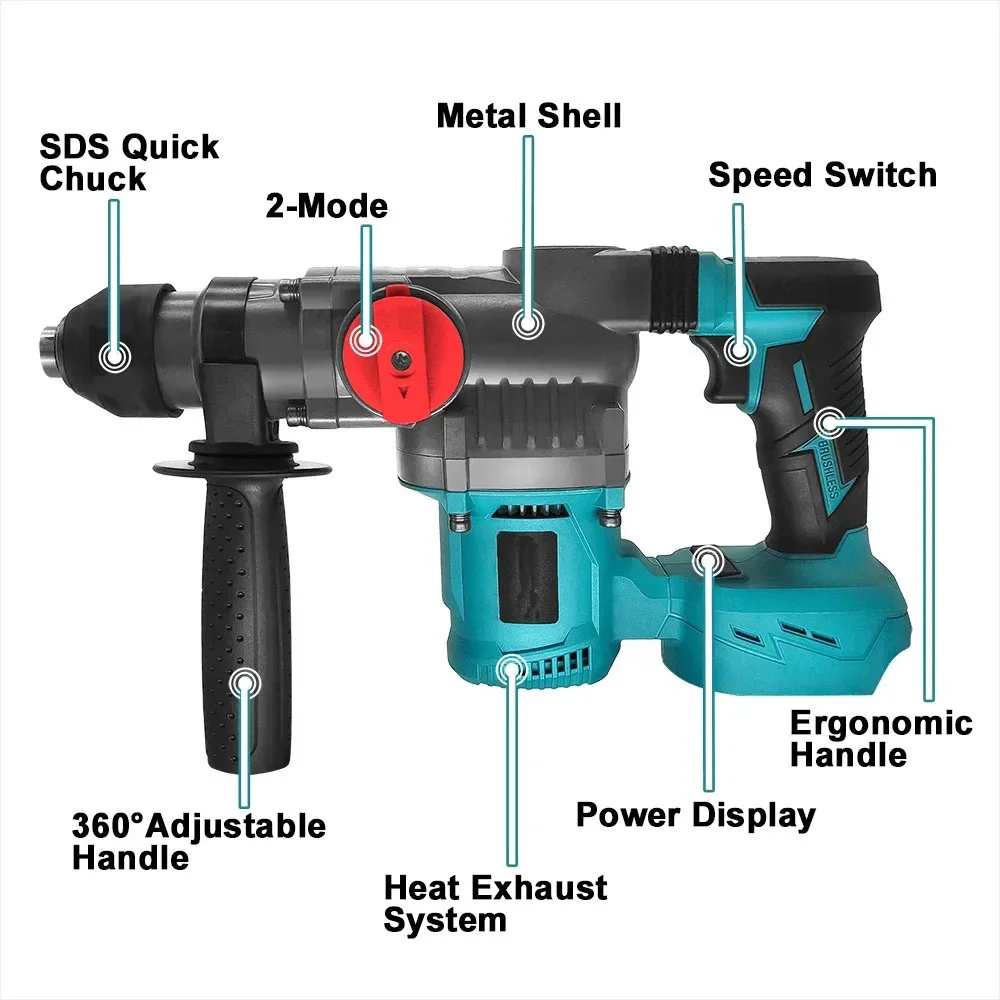 26mm Brushless Electric Impact Hammer Drill 2-Mode Rotary Hammer Multifunctional Cordless Power Tools Fit Makita 18V Battery