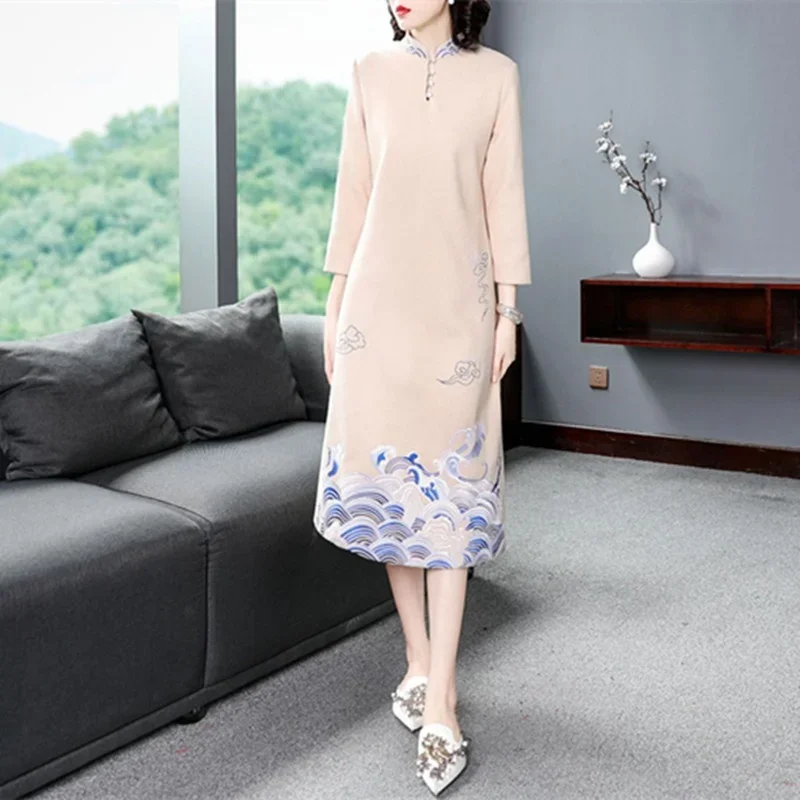 Qipao red cheongsams Chinese style long sleeve dress winter warm fleece thick improve national traditional New Year dress 11634