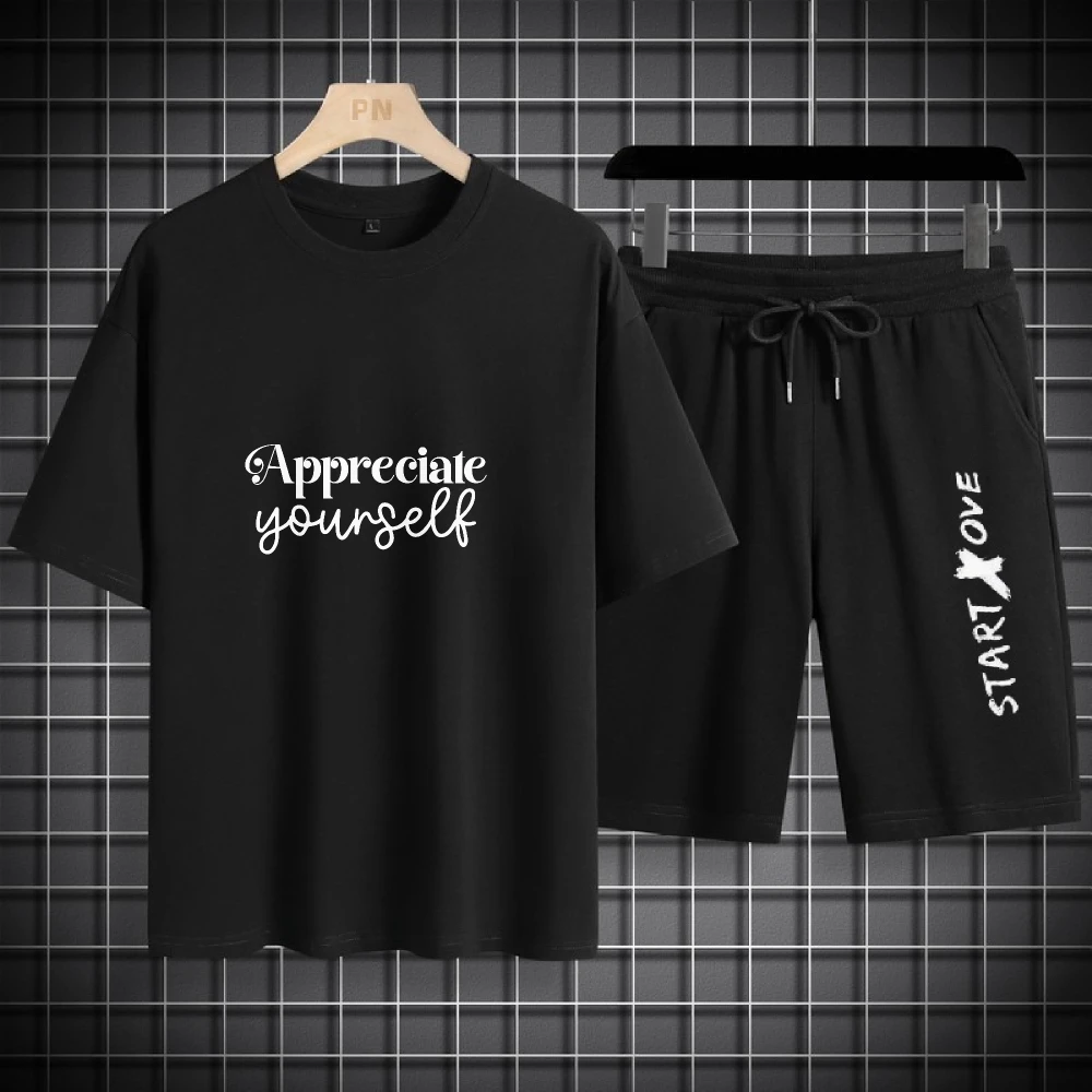 

2025 Men Summer Letters in English Sport Two Piece Set Casual Tracksuit Breathable Comfortable Fashion Sport Tshirts+shorts suit
