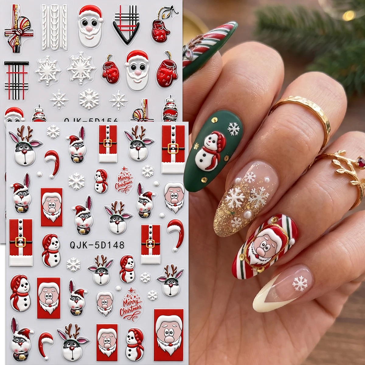 2/2/4/2Pcs 5D Embossed Christmas Nail Stickers, Santa Reindeer Snowflake Decals, Red White Multicolor Nail Supplies