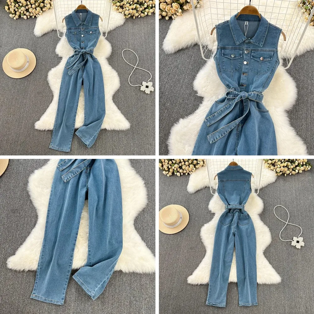 

Vintage Chic Denim Overalls: Slimming Retro Jumpsuit with Lace-Up & Wide Legs