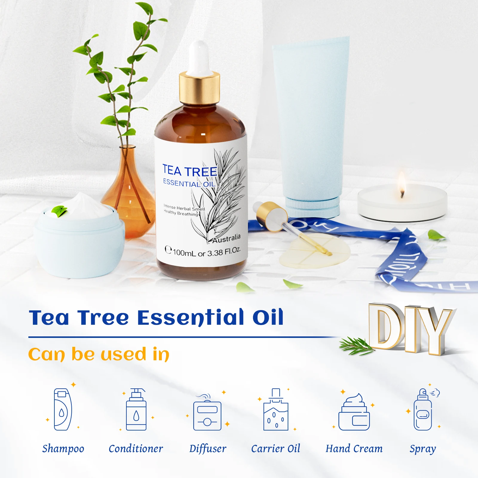 HIQILI 100% شجرة الشاي زيت طبيعي 100 مللي لتدليك الروائح لتقوم بها بنفسك الجمال الجلد الشعر الاسترخاء الخزامى الزنجبيل خشب الصندل ​ ​