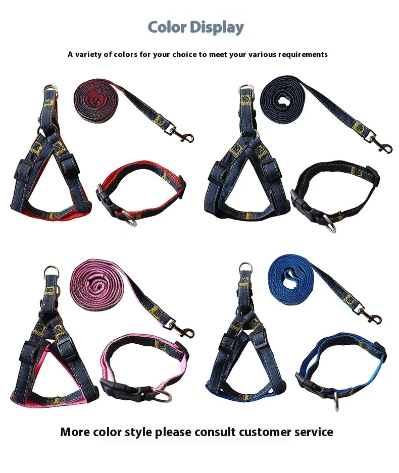 

Denim Dog Leash Set - Anti-Escape Chest Harness & Collar Combo for Secure Walks Pets Set of 3
