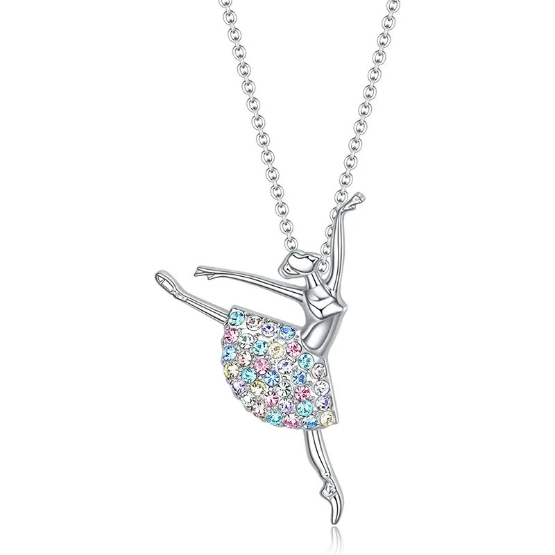 Fashion Ballerina Ballet Dancer Dancing Girl Colorful Tutu Birthstone Crystal collana con ciondolo con strass per gioielli da donna