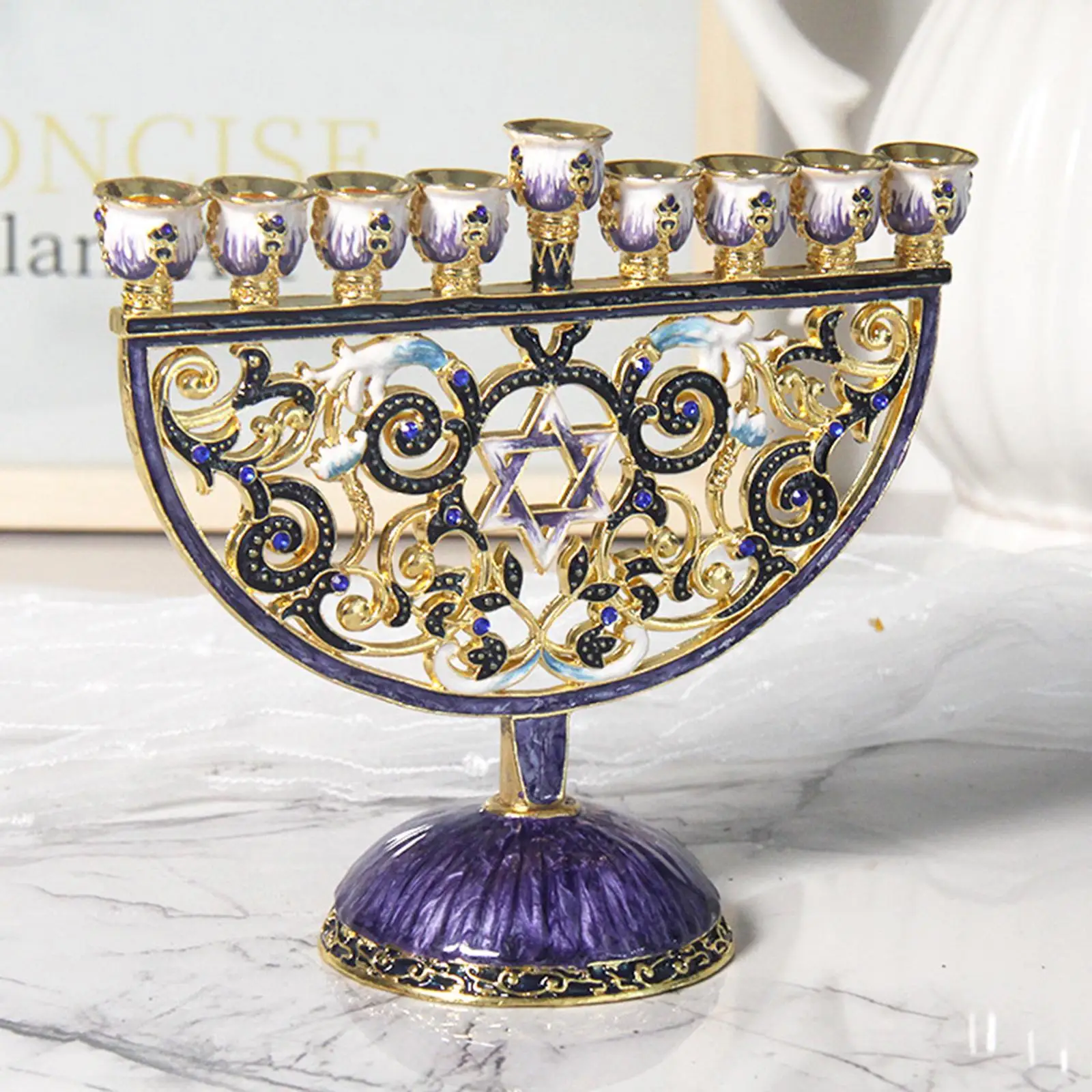 Hand Painted Enamel Floral Hanukkah Menorah Candlestick 9 Branch Candelabra Embellished with Crystals Home Decor Gift