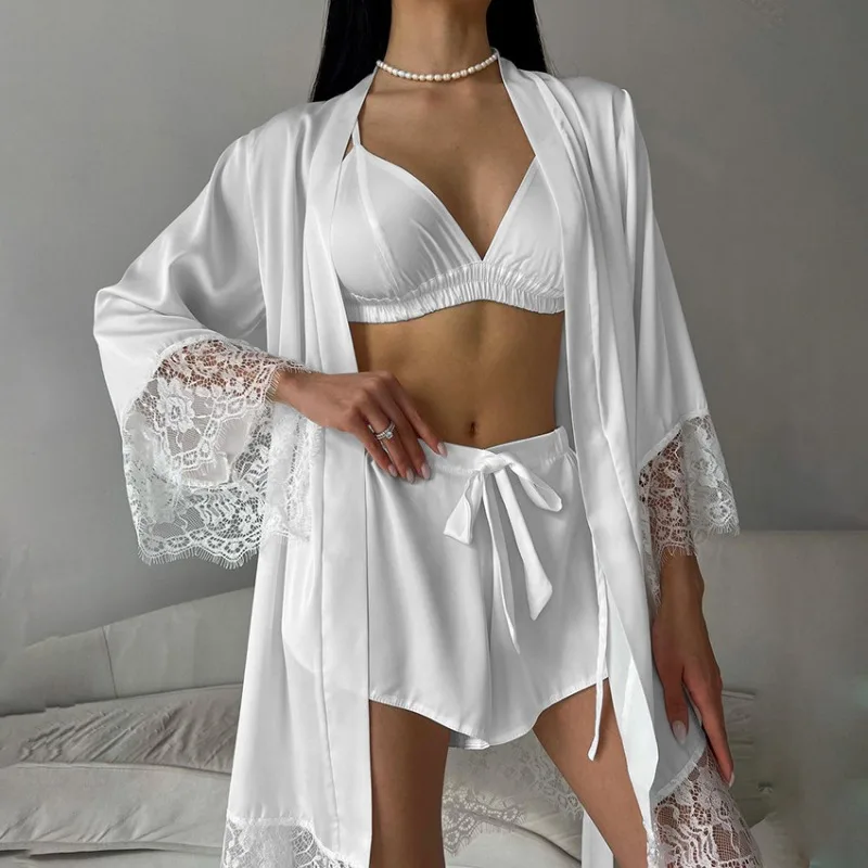 2025 European American New Lace Comfortable Women's Summer Three Piece Set Long Sleeved Underwear Shorts Loose Loungewear L Size