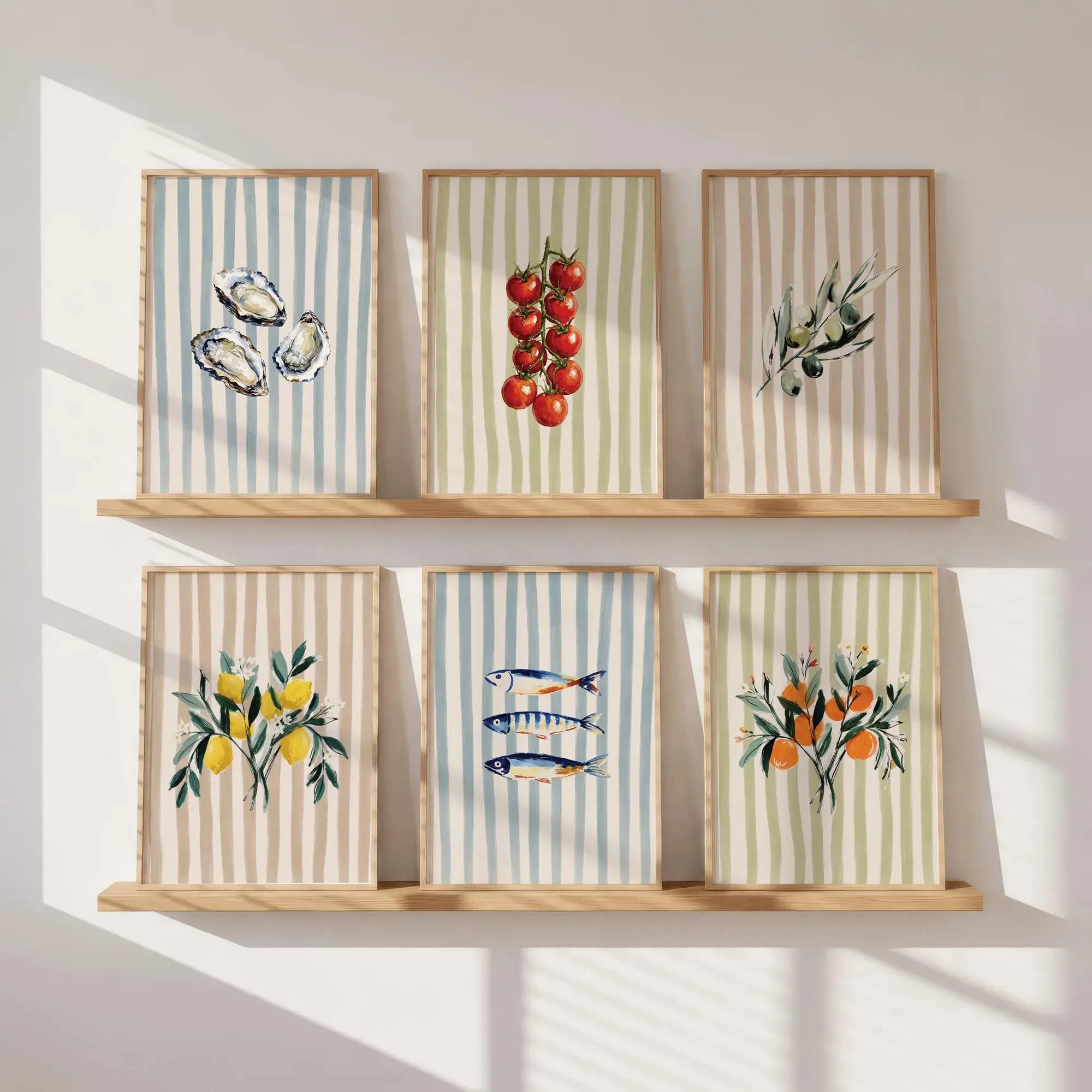1/6 Stück Leinwandbilder mit Sardinen, Austern, Tomaten, mediterranen Motiven wie Zitrone, Orange, Olive, Küchen-Wandkunst-Poster für moderne Heimdekoration