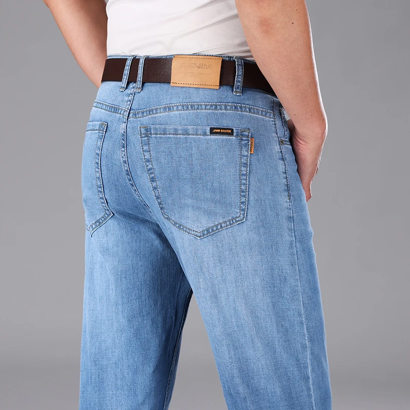 

SHAN BAO Summer Brand Clothing Men's Lightweight Cotton Stretch Jeans Classic Embroidered Patches Business Casual Thin Trousers