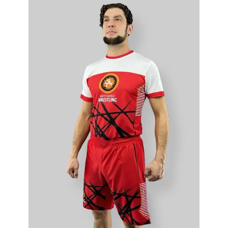 2026 New Men World Wrestling Team Sportswear Set Short Sleeve T Shirt and Shorts for Workout Lightweight Moisture Wicking view 2