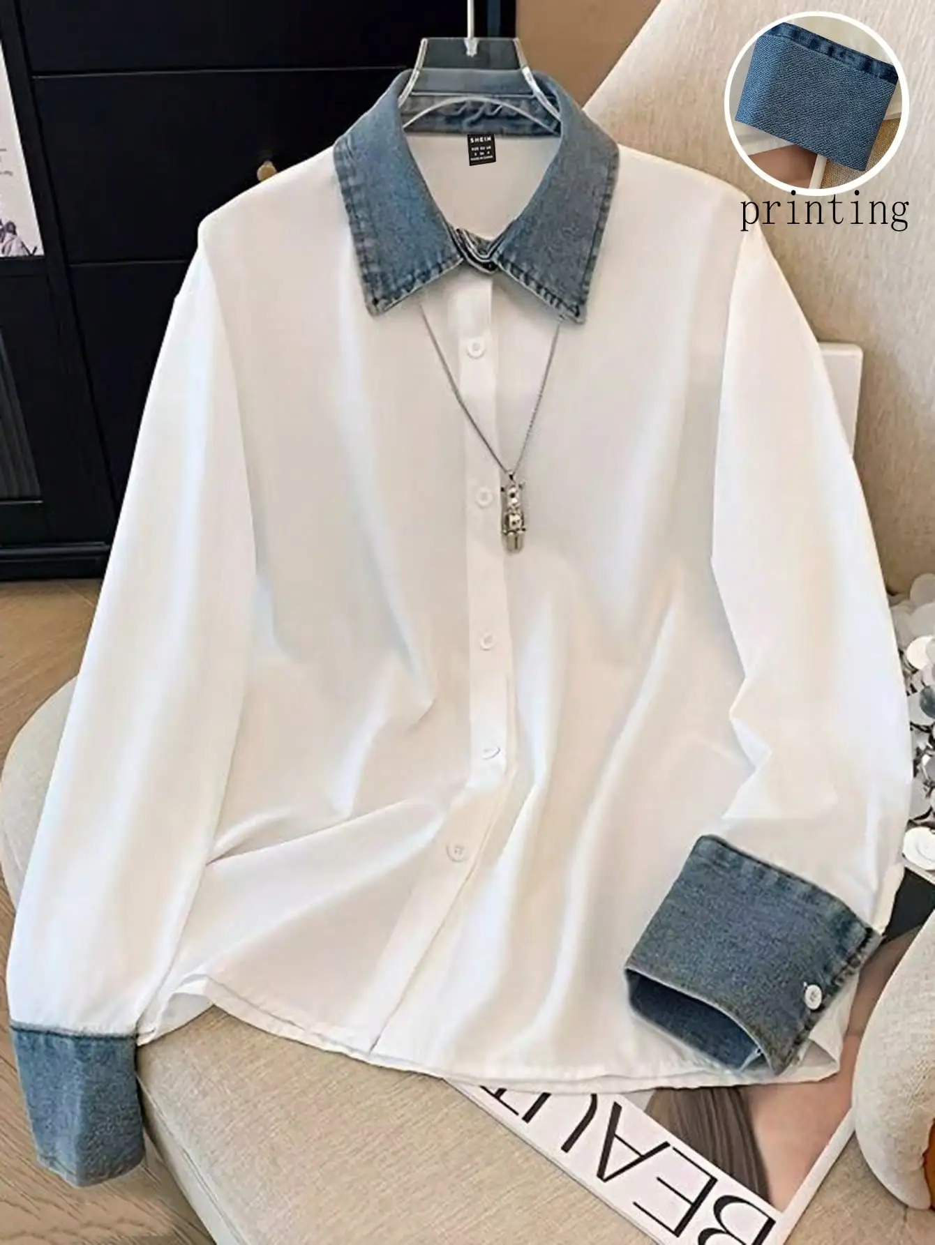 

Женская повседневная рубашка с длинным рукавом и джинсовым воротником в стиле пэчворк, осень-зима